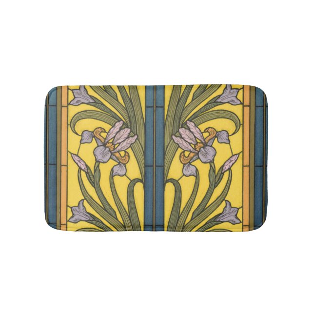 Iris Flower Art Nouveau Stained Glass Blue Gold Bath Mat (Front)