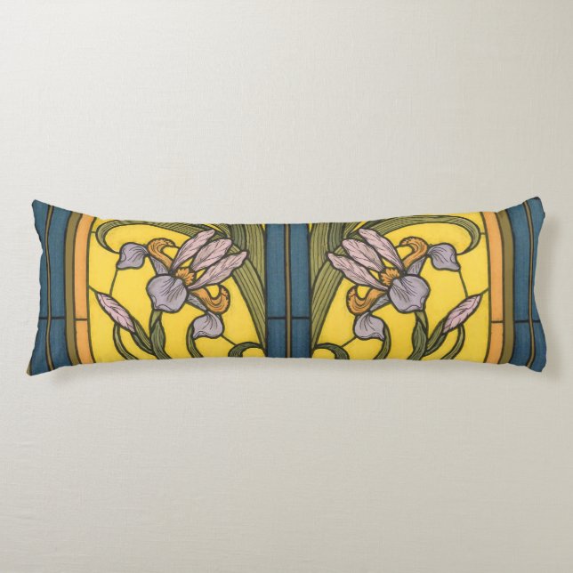 Iris Flower Art Nouveau Stained Glass Blue Gold Body Pillow (Front)