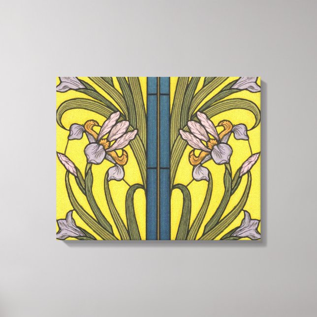 Iris Flower Art Nouveau Stained Glass Blue Gold Canvas Print (Front)