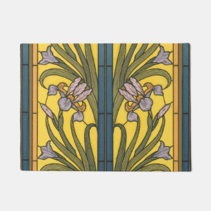 Iris Flower Art Nouveau Stained Glass Blue Gold Doormat