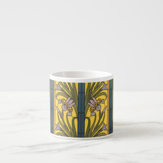 Iris Flower Art Nouveau Stained Glass Blue Gold Espresso Cup (Front)