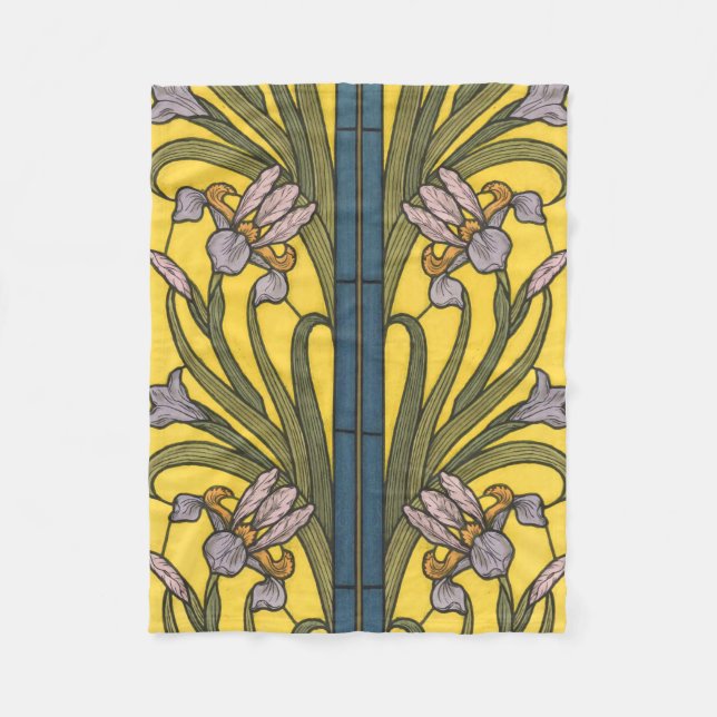 Iris Flower Art Nouveau Stained Glass Blue Gold Fleece Blanket (Front)