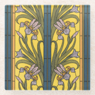 Iris Flower Art Nouveau Stained Glass Blue Gold Glass Coaster