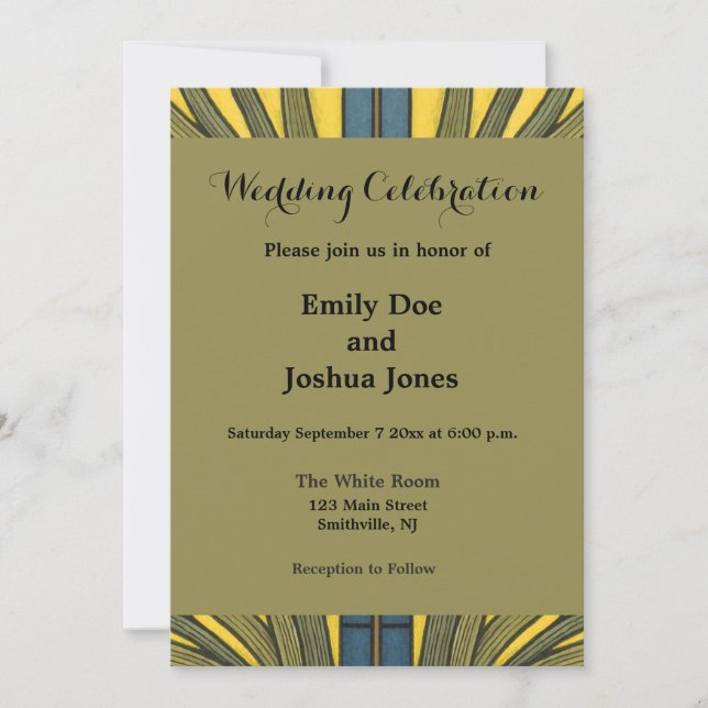 Iris Flower Art Nouveau Stained Glass Blue Gold Invitation (Front)