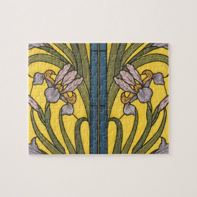Iris Flower Art Nouveau Stained Glass Blue Gold Jigsaw Puzzle (Horizontal)