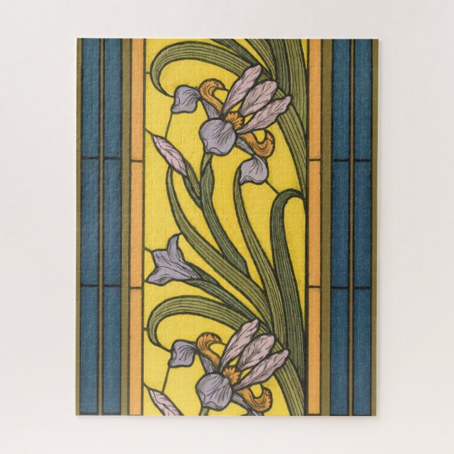 Iris Flower Art Nouveau Stained Glass Blue Gold Jigsaw Puzzle (Vertical)