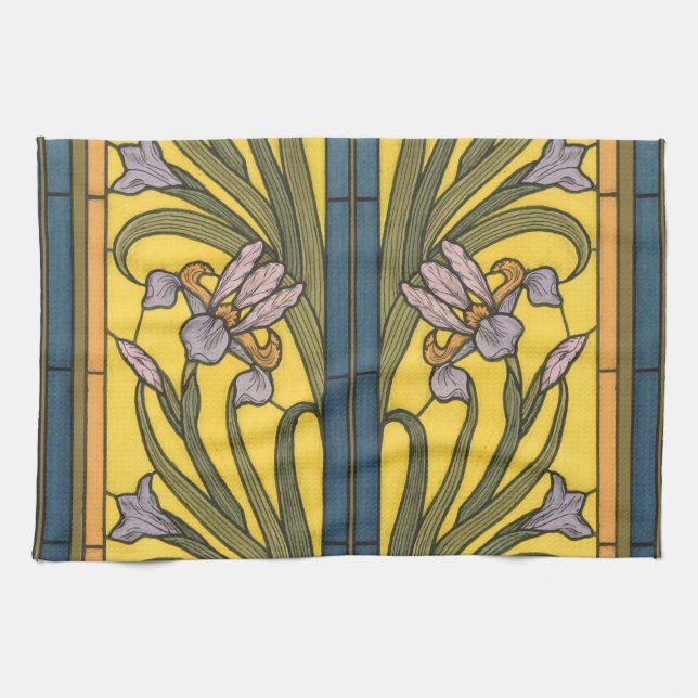 Iris Flower Art Nouveau Stained Glass Blue Gold Kitchen Towel (Horizontal)