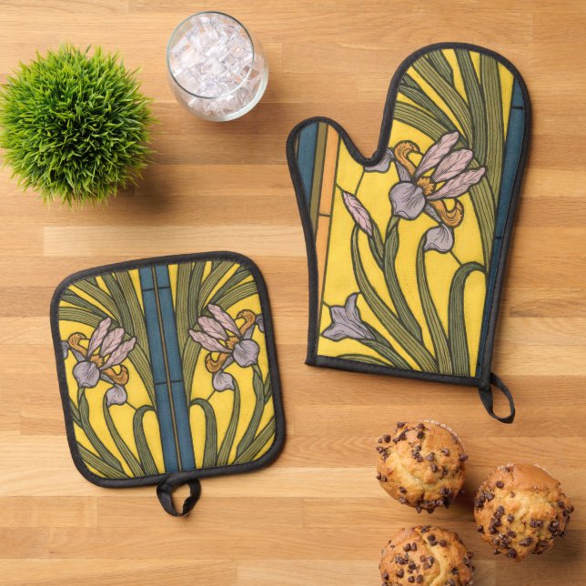Iris Flower Art Nouveau Stained Glass Blue Gold Oven Mitt & Pot Holder Set (Top Down)