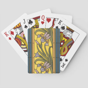 Iris Flower Art Nouveau Stained Glass Blue Gold Playing Cards