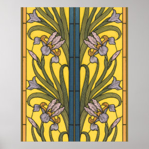 Iris Flower Art Nouveau Stained Glass Blue Gold Poster