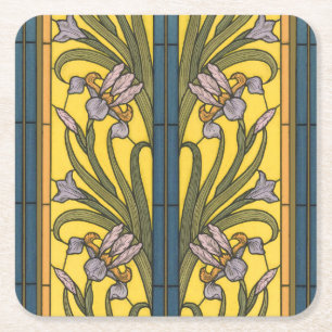 Iris Flower Art Nouveau Stained Glass Blue Gold Square Paper Coaster