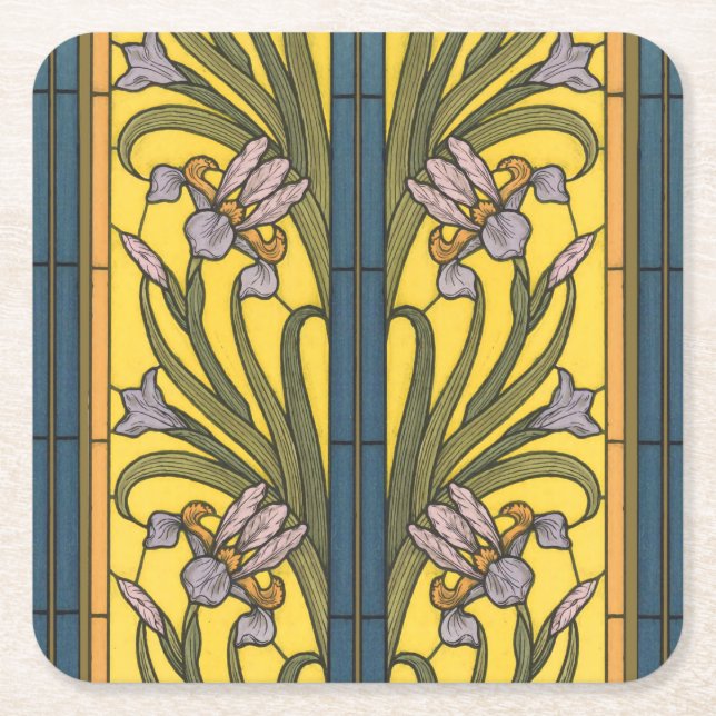 Iris Flower Art Nouveau Stained Glass Blue Gold Square Paper Coaster (Front)
