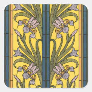 Iris Flower Art Nouveau Stained Glass Blue Gold Square Sticker