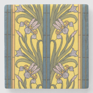 Iris Flower Art Nouveau Stained Glass Blue Gold Stone Coaster