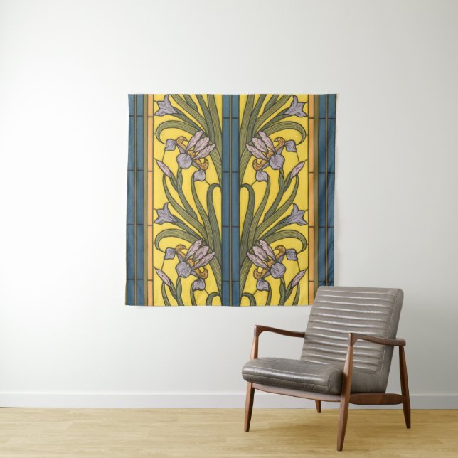 Iris Flower Art Nouveau Stained Glass Blue Gold Tapestry (In Situ)