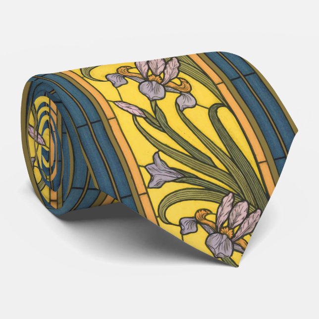 Iris Flower Art Nouveau Stained Glass Blue Gold Tie (Rolled)