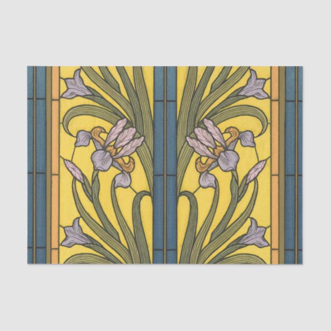 Iris Flower Art Nouveau Stained Glass Blue Gold Tissue Paper (Front)