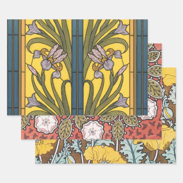 Iris Flower Art Nouveau Stained Glass Blue Gold Wrapping Paper Sheet (Set)