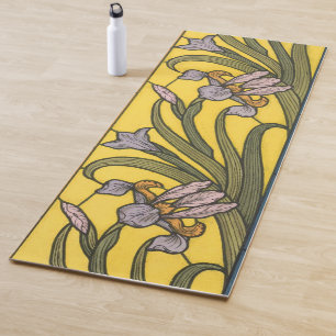 Iris Flower Art Nouveau Stained Glass Blue Gold Yoga Mat