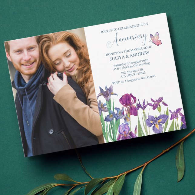Iris flower couple photo Anniversary Party  Invitation (Creator Uploaded)