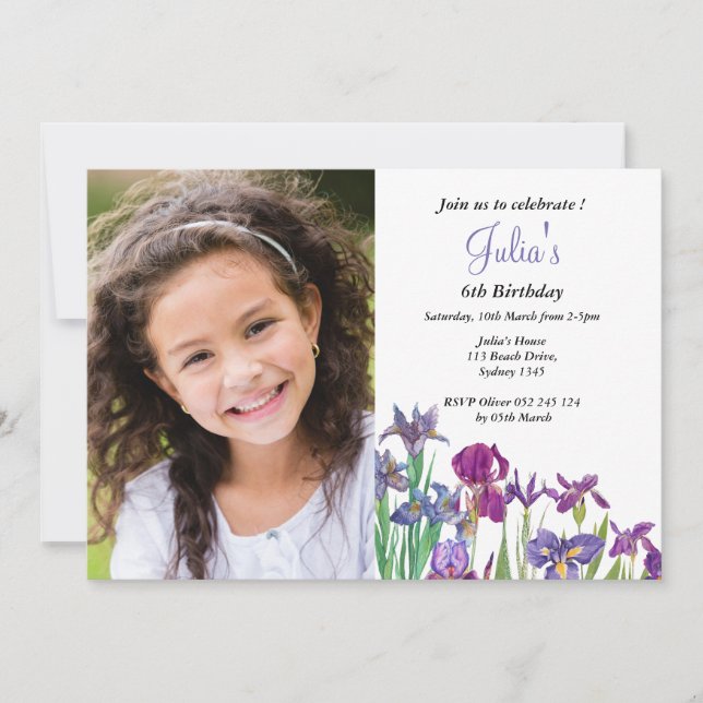 Iris flower girl birthday photo invitation (Front)