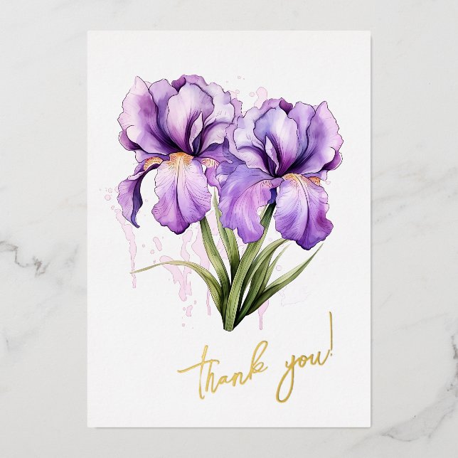 Iris Flower "Thank you!" Editable Foil Holiday Card (Front)