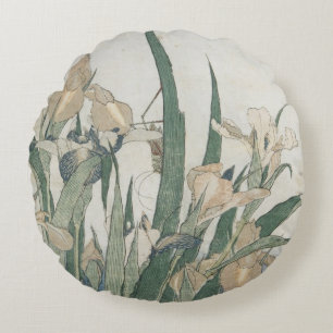 Iris Flowers and Grasshopper, c.1830-31 Round Pillow