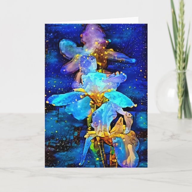 Iris Flowers Blue Artsy Note Card (Front)