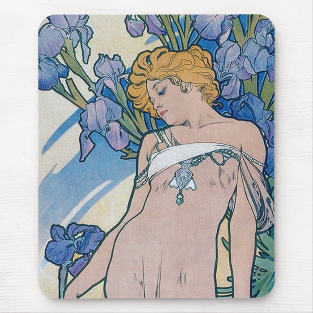 Iris (Four Flowers), Alphonse Mucha Mouse Pad (Front)