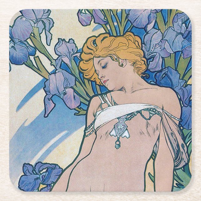 Iris (Four Flowers), Alphonse Mucha Square Paper Coaster (Front)