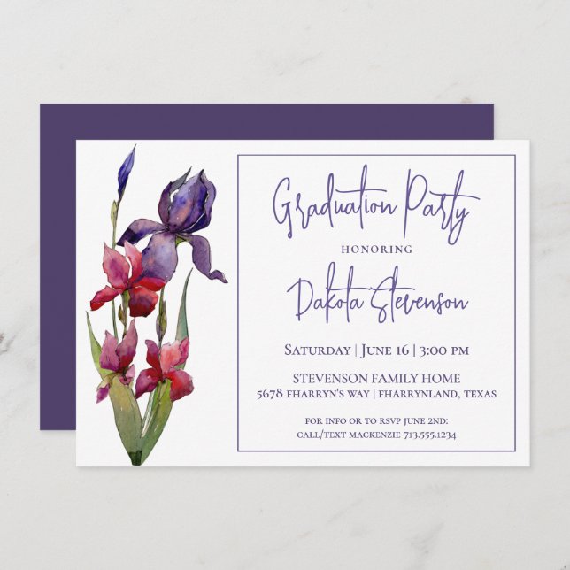 Iris Graduation Party | Violet Purple Pink Flower Invitation (Front/Back)