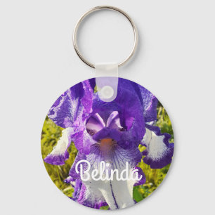 Iris Irises Blue White Flower Floral Womans Name Keychain