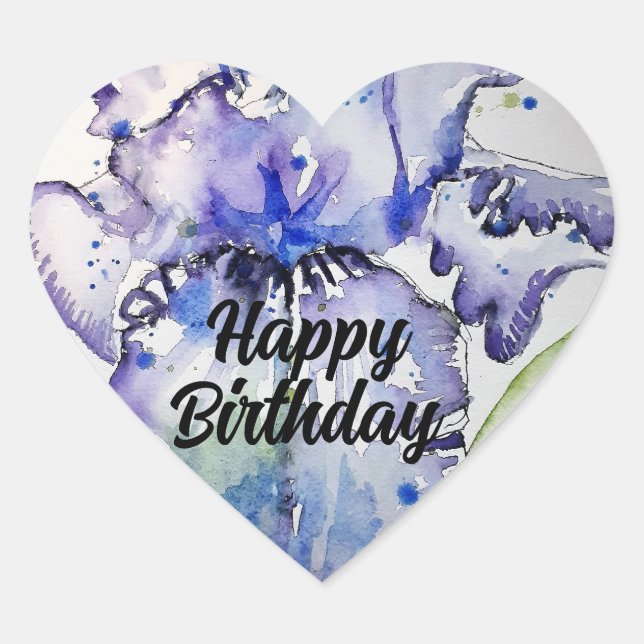 Iris Irises Purple Flower Floral Blue Waterolor Heart Sticker (Front)