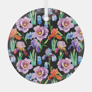 Iris Peony Watercolor Floral Pattern Glass Ornament