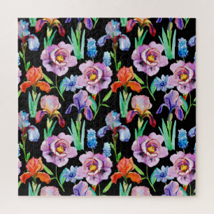 Iris Peony Watercolor Floral Pattern Jigsaw Puzzle