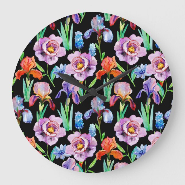 Iris Peony Watercolor Floral Pattern Large Clock (Front)