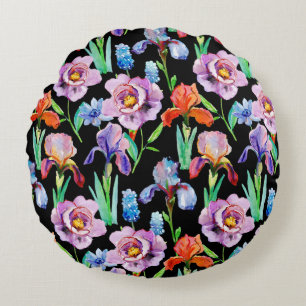 Iris Peony Watercolor Floral Pattern Round Pillow
