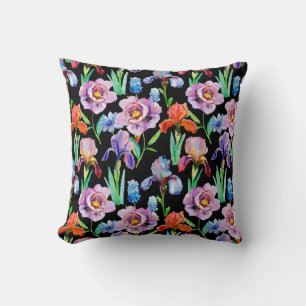 Iris Peony Watercolor Floral Pattern Throw Pillow
