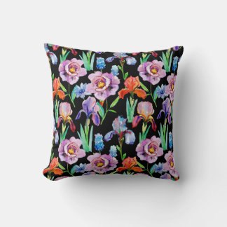 Iris Peony Watercolor Floral Pattern Throw Pillow