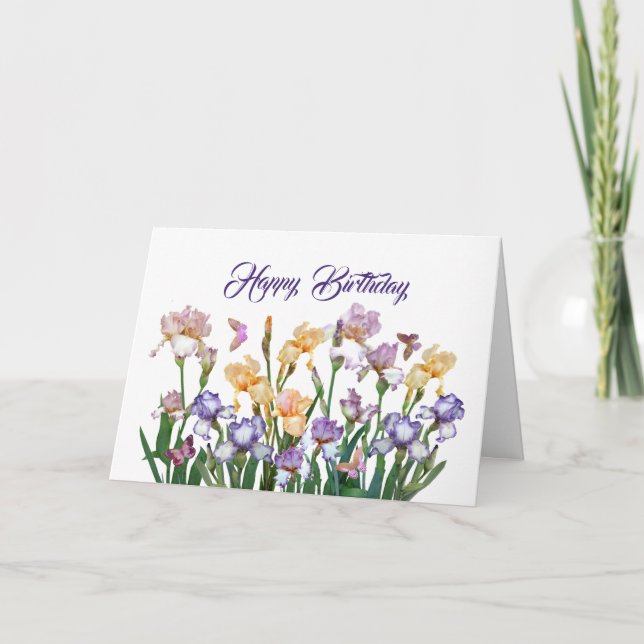 Iris Purple Butterfly Pink Floral Birthday Card (Front)