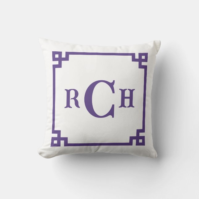 Iris Purple Chinoiserie Greek Key Monogram Throw Pillow (Front)