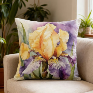 Iris Schwertlilie lila orange - Aquarell-Design Throw Pillow