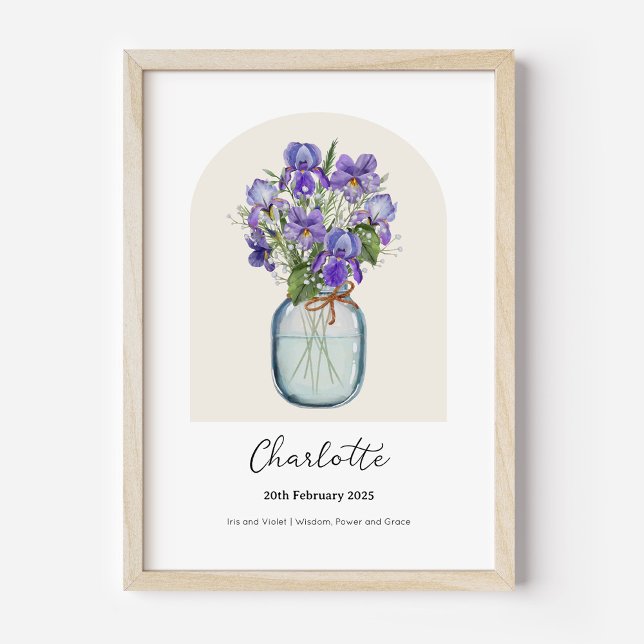 Iris Violet Birth Month Flower Poster (Personalised February Birth Month Flower Bouquet in Vase Poster | Iris and Violet.)
