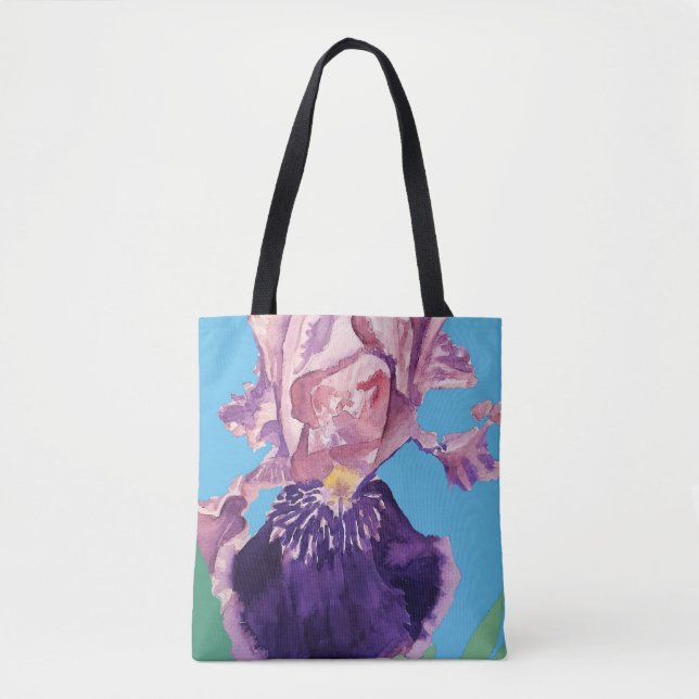 Iris Watercolor Purple Flower Floral Tote Bag (Front)