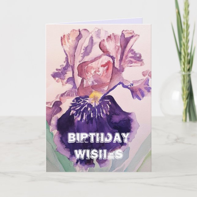 Iris Watercolour Purple Garden Floral Birthday Card (Front)