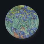 Irises, Floral Oil Painting, Vincent Van Gogh Paper Plate<br><div class="desc">Vincent Van Gogh,  1889,  Saint-Rémy-de-Provence France
oil on canvas
post impressionist floral oil painting of a flower bed of blooming/flowering deep blue summer irises with rich green stems and leaves,  with tiny orange flowers in the background

elegant stately sophisticated boho chic eclectic bohemian fine classic modern art decor</div>