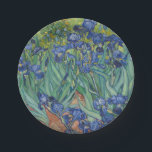 Irises, Floral Oil Painting, Vincent Van Gogh Paper Plate<br><div class="desc">Vincent Van Gogh,  1889,  Saint-Rémy-de-Provence France
oil on canvas
post impressionist floral oil painting of a flower bed of blooming/flowering deep blue summer irises with rich green stems and leaves,  with tiny orange flowers in the background

elegant stately sophisticated boho chic eclectic bohemian fine classic modern art decor</div>