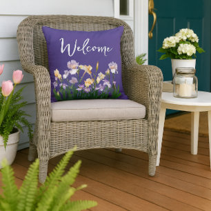 Irises Floral Purple Welcome  Outdoor Pillow