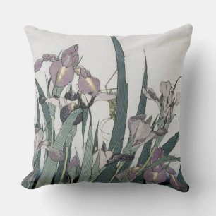 Irises & Grasshopper, Katsushika Hokusai Throw Pillow