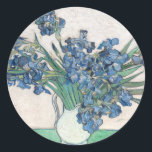 Irises | Vincent van Gogh Classic Round Sticker<br><div class="desc">Irises (1890) | Original artwork by Dutch post-impressionist artist Vincent Van Gogh (1853-1890). The painting depicts a still life with a full bouquet of blue flowers on a green tabletop against a creamy white background.

Use the design tools to add custom text or personalize the image.</div>